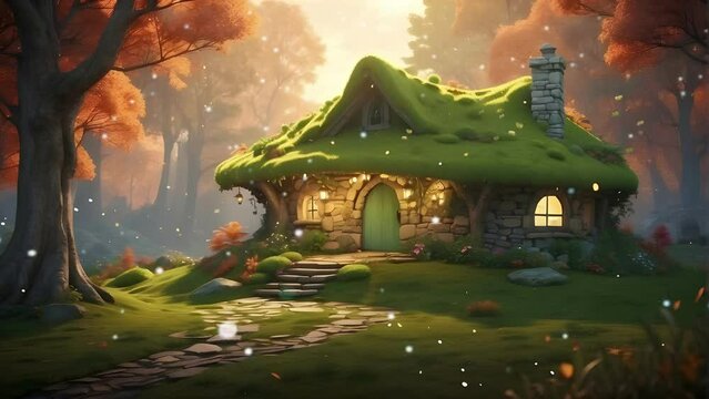 Cozy Storybook Cottage with Mossy Roof and Butterflies in Sparkling Sunlight in a Magic Autumn Fairy Forest. Lofi Loop. Animated Dynamic Background