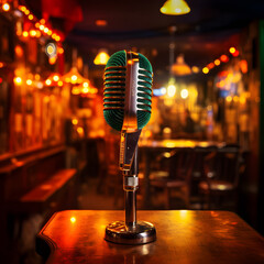 Close-up on a microphone on a background illuminated by many colorful and blurry lights - obrazy, fototapety, plakaty
