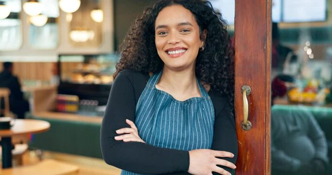 Entrance, arms crossed and restaurant woman, happy cafe waitress or boss smile for small business, bakery or coffee shop. Open diner, portrait and confident entrepreneur leaning on storefront door