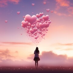 silhouette of a person with a heart shaped balloon on sky for valentine's background 