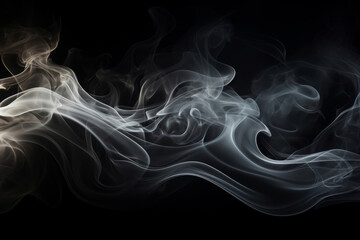 Fototapeta premium Smoke, incense or gas in a studio with dark background by mockup space for magic effect with abstract. Fog, steam or vapor mist moving in air for cloud smog pattern by black backdrop with banner.