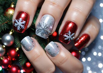 Christmas-Themed Nail Art, With A Sparkling Effect.