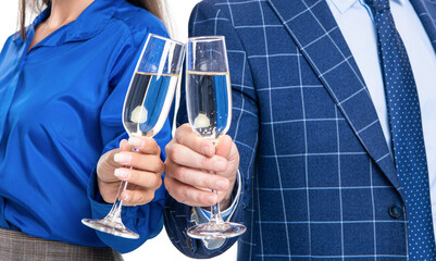 Celebrating their victory. Businesspeople drinking champagne socializing. Businesspeople making toast celebrating office party. Business partner attending event at convention center, closeup