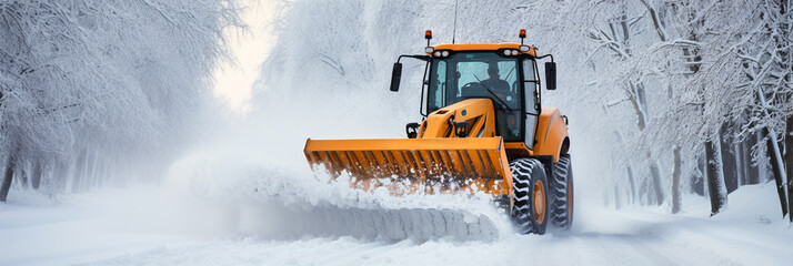 A snowplow removes snow from the road during a winter snowstorm or after a snowfall. The work of city services during a snowstorm and snow removal - obrazy, fototapety, plakaty