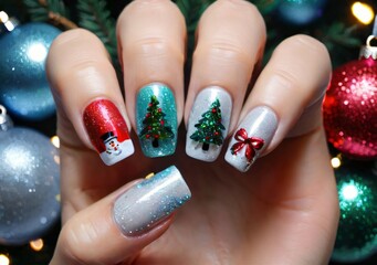 Christmas-Themed Nail Art, With A Sparkling Effect.