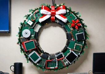 Naklejka premium A Christmas Wreath Made Of Recycled Computer Parts, In A Tech Office Setting.