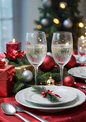 Christmas-Themed Table Setting For A Holiday Party, With Sparkling Glassware.