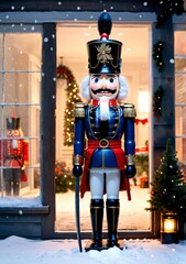 A Christmas Nutcracker Soldier Standing Guard On A Snowy Porch, At Dusk.