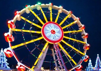 Christmas Lights On A Ferris Wheel, In A Snowy Amusement Park At Night.