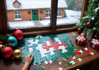 Fototapeta premium A Christmas Jigsaw Puzzle In Progress, On A Table With A Window Showing Falling Snow.