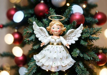 A Christmas Tree Angel Topper, With A High Camera Angle.