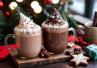 Fototapeta na wymiar A Christmas Hot Chocolate Bar With Various Toppings, In A Cozy Café.