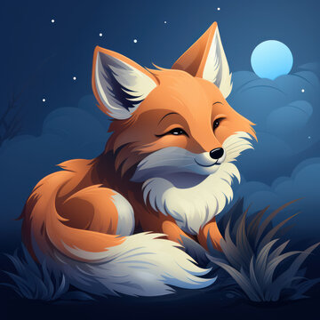 A slumbering fox on a blue and orange background 
