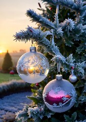 Christmas Baubles In A Frosty Morning Garden, With A Backdrop Of Sunrise.