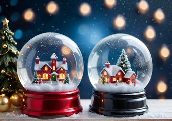 Christmas Snow Globes On A Shelf, With A Twinkling Light Background.