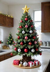 A Christmas Tree With Edible Decorations, In A Kitchen Setting.
