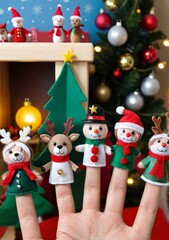 Fototapeta premium Christmas-Themed Finger Puppets In A Children'S Playroom, With A Festive Backdrop.