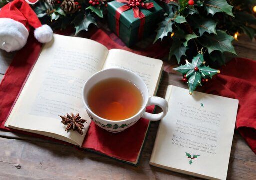 A Christmas-Themed Poetry Book Open On A Table, With A Cup Of Steaming Tea.