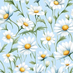 Seamless watercolor diasy on blue background, ai generatives