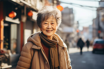Fototapeta premium senior asian woman in the Chinese street at 1980s style