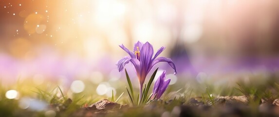 Happy start of spring poster. Beautiful photorealistic purple iris flowers close up, nice blurred background. Spring flowers in the garden. Bokeh, de focus, pastel colors. Sale banner. AI Generative.