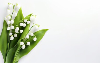 Happy start of spring poster. Beautiful Lily of the valley bouquet isolated on white background. Garden flowers frame. Copy space. Fresh sale banner design. AI Generative.