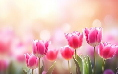 Happy start of spring poster. Beautiful photorealistic pink tulips close up on blurred background. Spring garden flowers. Bokeh, de focus, copy space. Pastel colors. Sale banner. AI Generative.