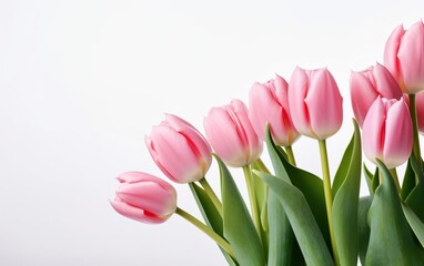 Obraz na płótnie Canvas Happy start of spring. Beautiful photorealistic pink tulips bouquet isolated on white background. Nice garden flowers. Copy space at the left. Pastel colors. Fresh sale banner design. AI Generative.