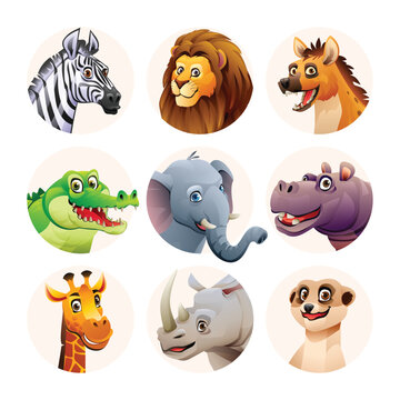Animal avatar characters set. Cute savannah animal faces in cartoon style