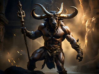 In an enchanting scene, a fiercely passionate minotaur stands with zeal, gripping a majestic golden...
