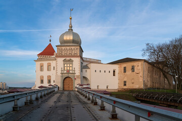 View of the Grodno Old Castle (Grodno Upper Castle) on the banks of the Neman River on a sunny day, Grodno, Belarus