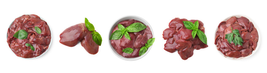 Fresh raw chicken liver isolated on white, collection. Top view
