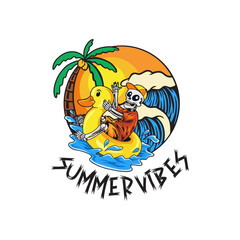 Tropical Summer Beach Scenery Illustration,
with a skull riding a duck float