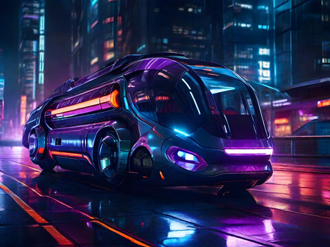 In the ethereal glow of a dystopian cityscape, a sleek quantum transporter with illuminated intricate circuitry emerges, capturing the essence of a cyberpunk fable.