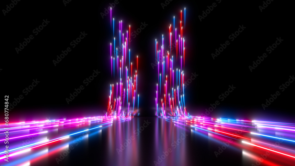 Poster sci fi neon glowing particles in a dark hall. reflections on the floor and walls. colorful neon line