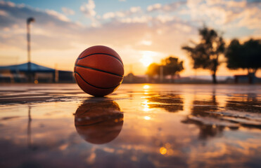 Basketball, outdoor and court with ball on floor for athletic competition or recreation low angle. Exercise, cardio and basketball court ground with sunset for sports, match or workout. - obrazy, fototapety, plakaty