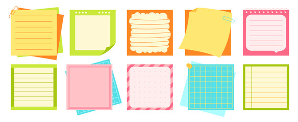Paper sticky notes, Notepaper Sticker Notepads set. Sheet list posts, copybook page lined or grid. Stationery elements planning education writing blank organizer. Isolated cartoon vector illustration