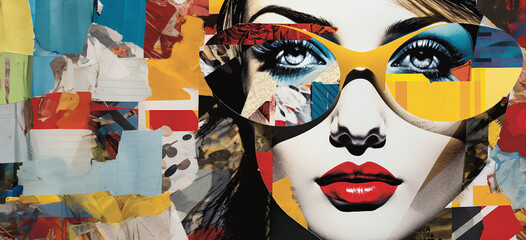 Abstract graphic collage with a woman's face and various textures