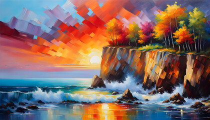 Beautiful abstract oil painting of a sunset landscape over the sea