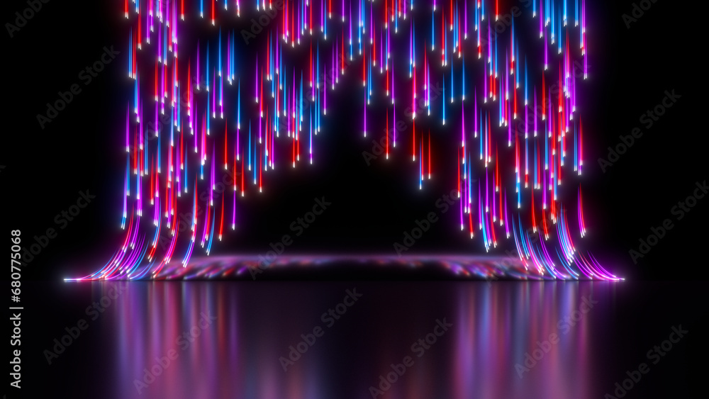 Poster sci fi neon glowing particles in a dark hall. reflections on the floor and walls. colorful neon line