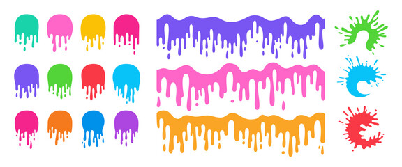 Splash paint splatter colorful cartoon set. Stain and splat flat collection, shapes liquids drop splatter. Different colored splashes and drops drips down ink collection. Isolated vector illustration