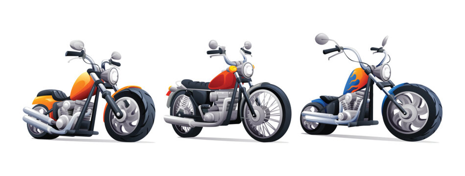 Set of classic motorcycles vector cartoon illustration isolated on white background