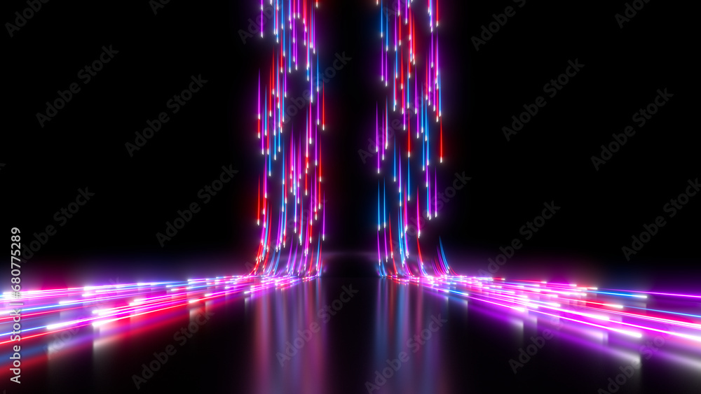 Poster sci fi neon glowing particles in a dark hall. reflections on the floor and walls. colorful neon line
