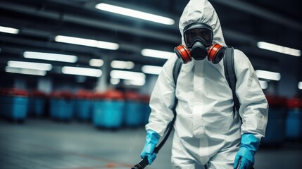 Man in hazmat suit and respirator spraying disinfectant in factory