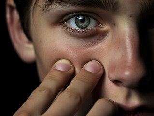 A close up of a man touching his eye and cheek
