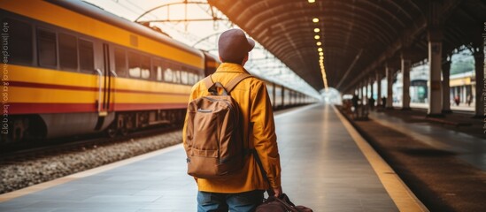 Young man traveler with backpack waiting for train at railway station. Travel and tourism concept
