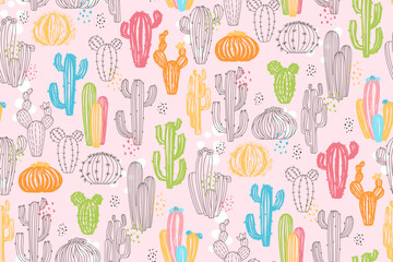 Fototapeta na wymiar Cactus exotic grungy seamless pattern. Trendy cartoon hand drawn textured succulent plants repeat ornament. Scrapbook botanical paint desert cacti endless decor. Cactus wallpaper vector illustration