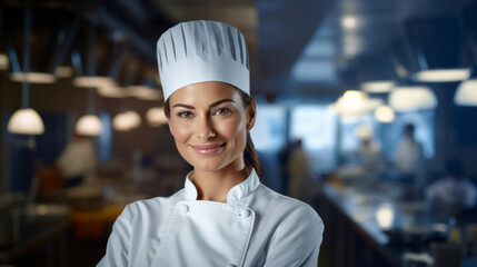 Head Chef, female and portrait of business woman standing arms crossed in a restaurant kitchen. Confident, skilled and professional worker looking at camera for owner, career or hospitality occupatio