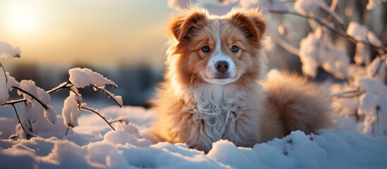 Cute red border collie dog lying in the snow in winter.