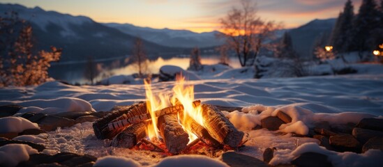 Beautiful winter landscape with a fire on the background of mountains. - obrazy, fototapety, plakaty